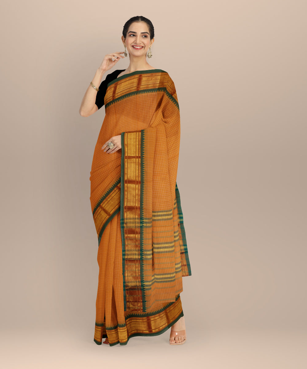 Mustard dark green cotton handloom narayanapet saree