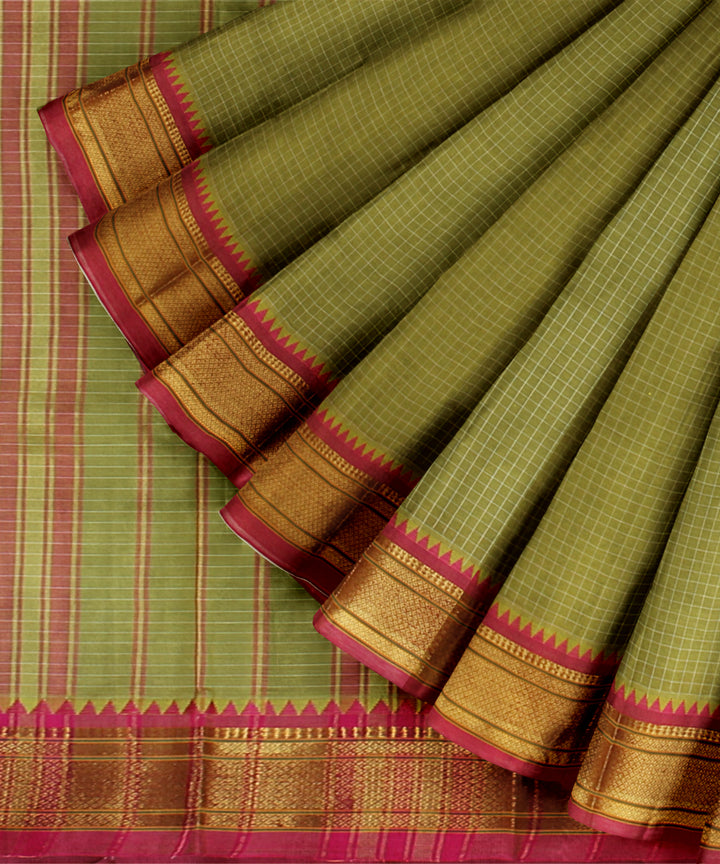 Olive green red cotton handloom narayanapet saree