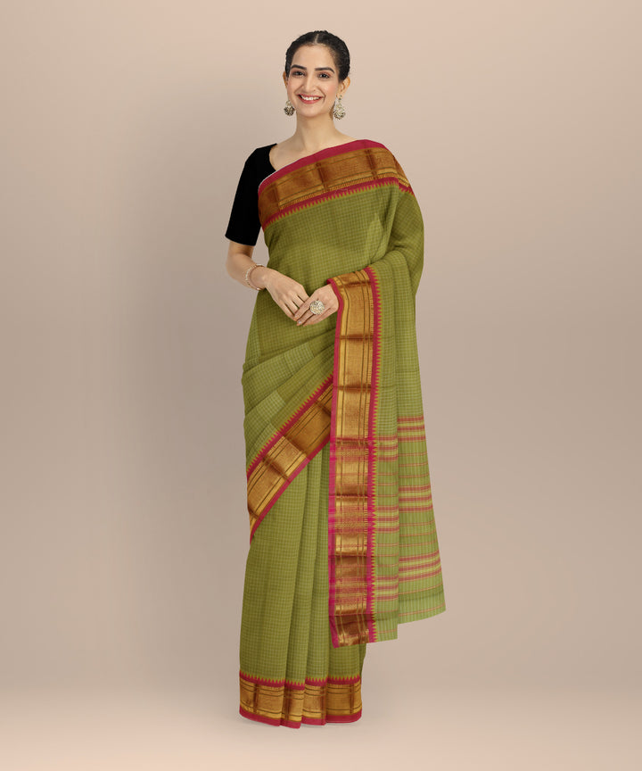 Olive green red cotton handloom narayanapet saree