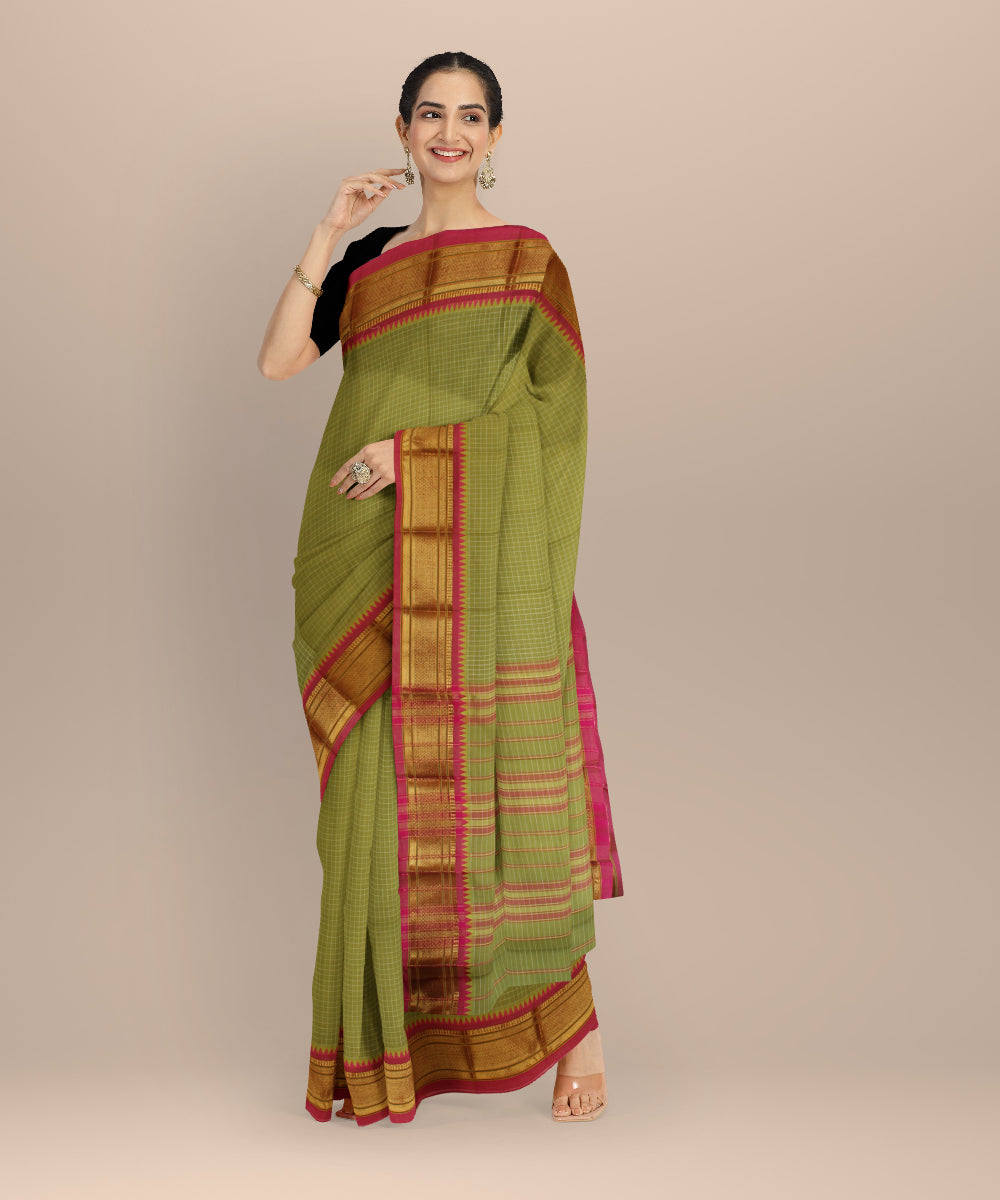 Olive green red cotton handloom narayanapet saree
