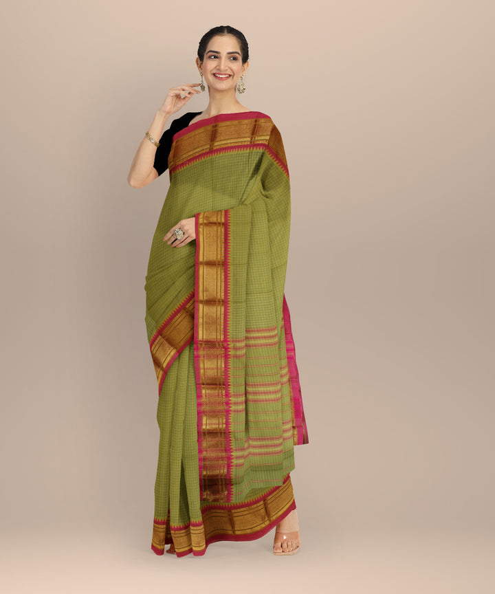 Olive green red cotton handloom narayanapet saree