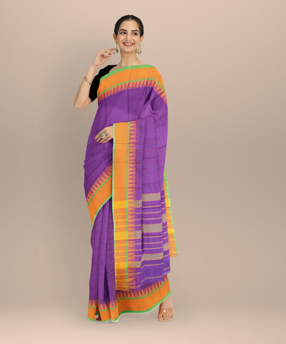 Purple with orange border cotton handloom narayanapet saree