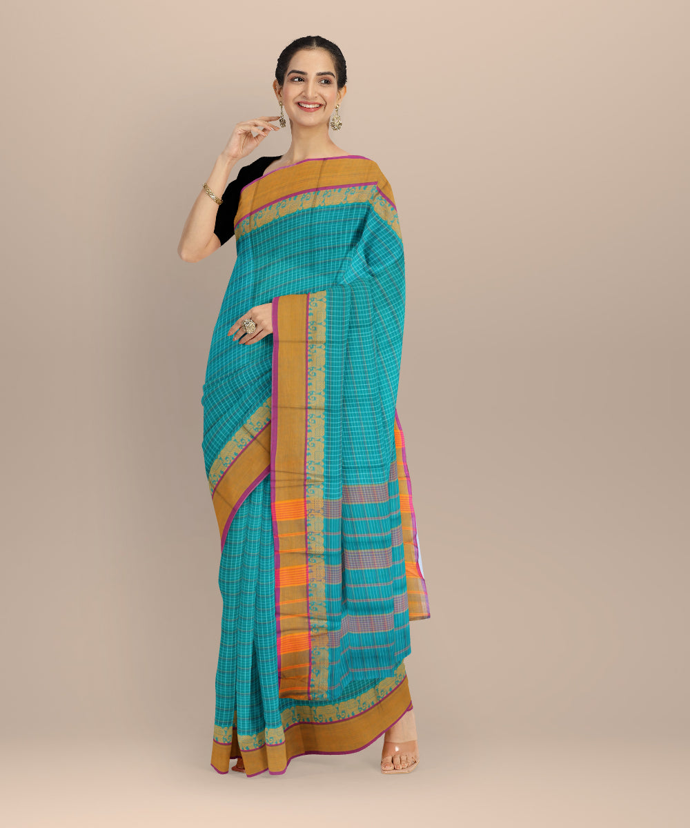 Light green yellow elephant border cotton handloom narayanapet saree