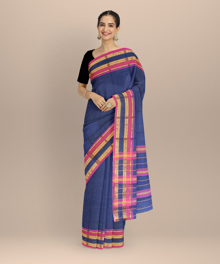 Navy blue pink cotton handloom narayanapet saree