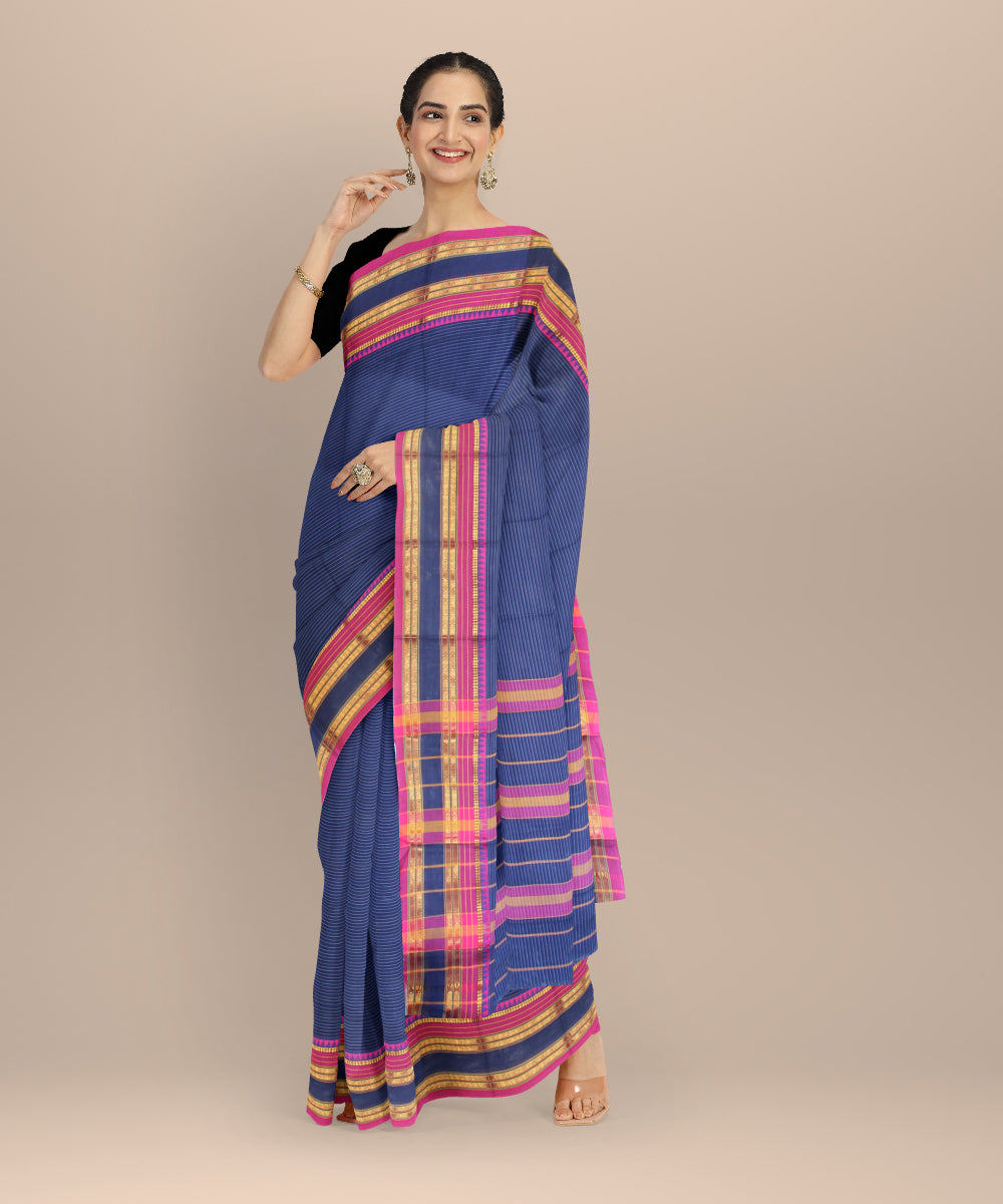 Navy blue pink cotton handloom narayanapet saree