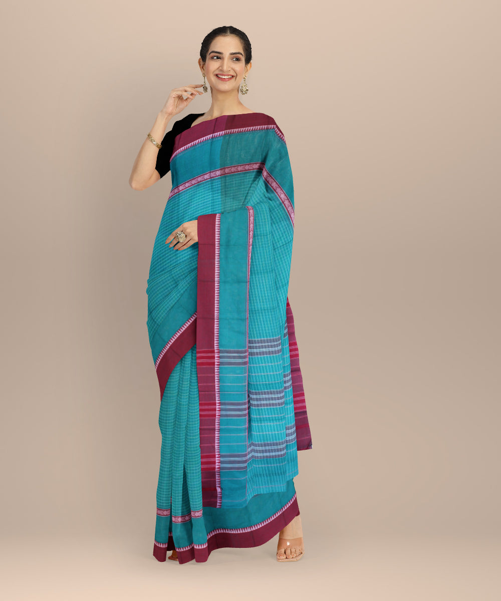 Sky blue maroon cotton handloom narayanapet saree