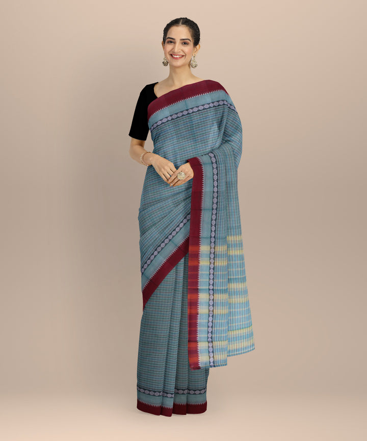 Cyan blue maroon cotton handloom narayanapet saree