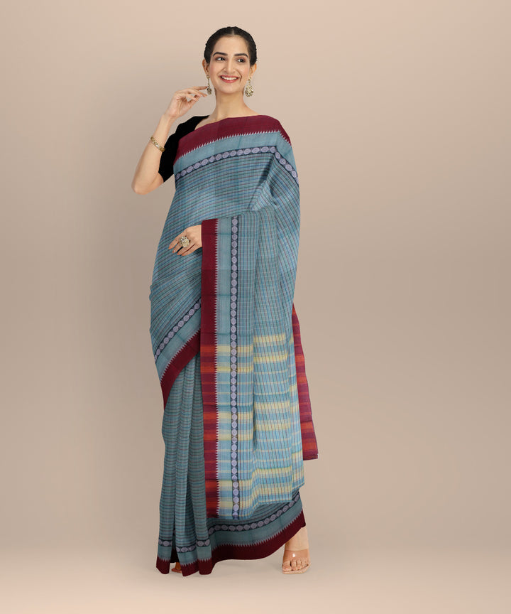 Cyan blue maroon cotton handloom narayanapet saree