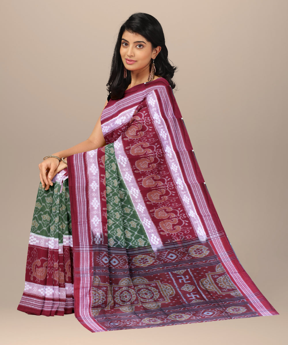 Brown green cotton handwoven sambalpuri saree