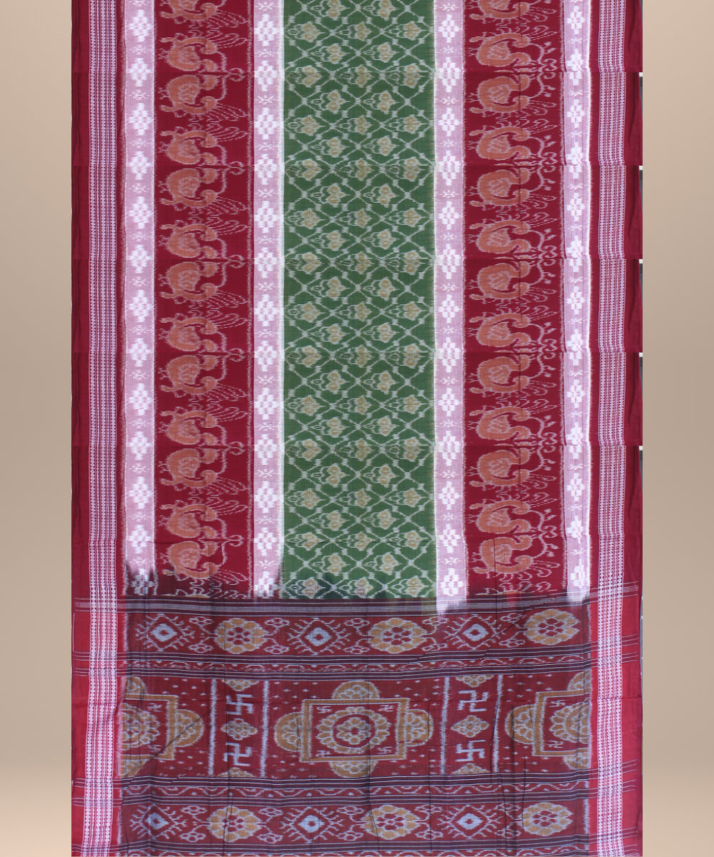 Brown green cotton handwoven sambalpuri saree