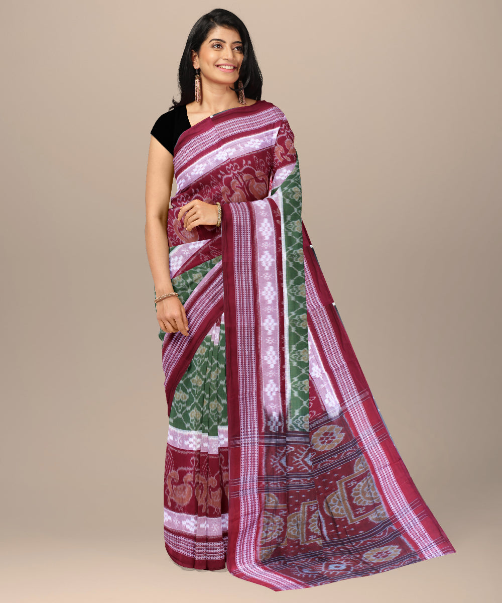 Brown green cotton handwoven sambalpuri saree