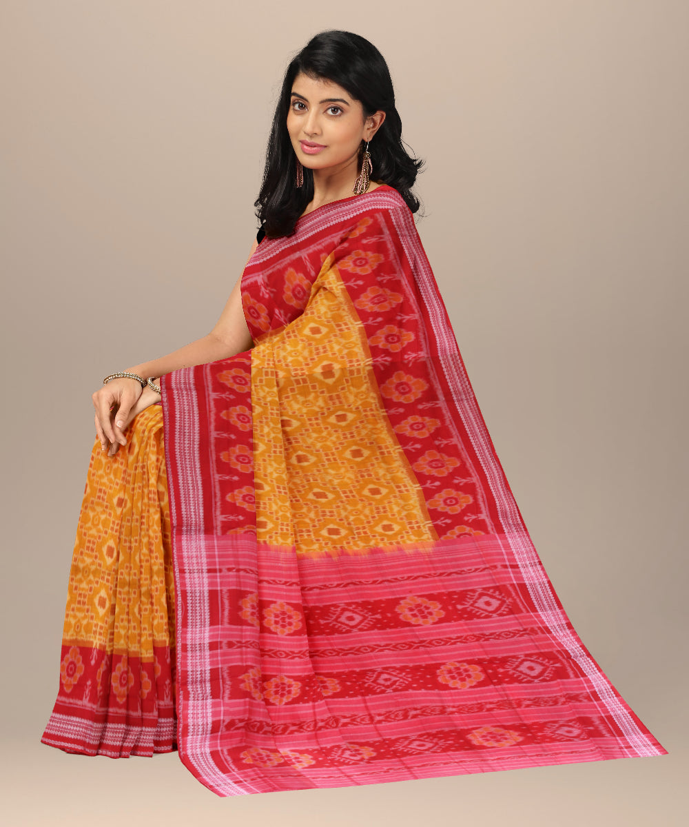Yellow red cotton handwoven sambalpuri saree