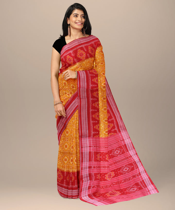 Yellow red cotton handwoven sambalpuri saree