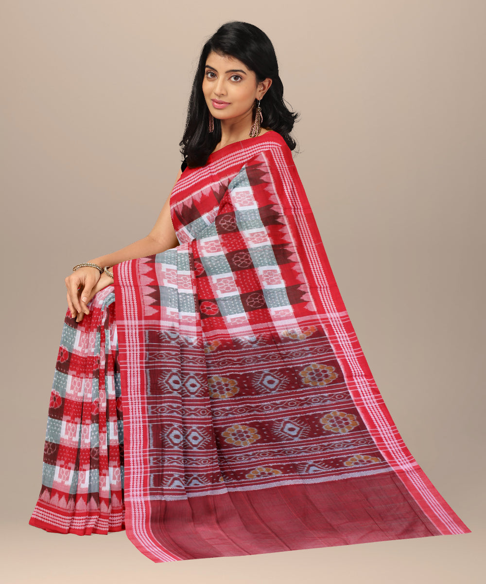 Red teal green cotton handwoven sambalpuri saree