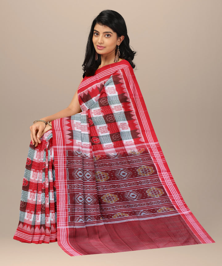 Red teal green cotton handwoven sambalpuri saree