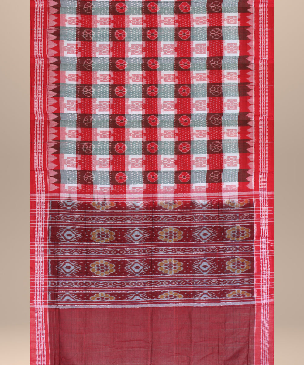Red teal green cotton handwoven sambalpuri saree