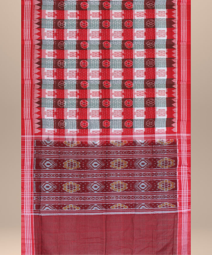 Red teal green cotton handwoven sambalpuri saree