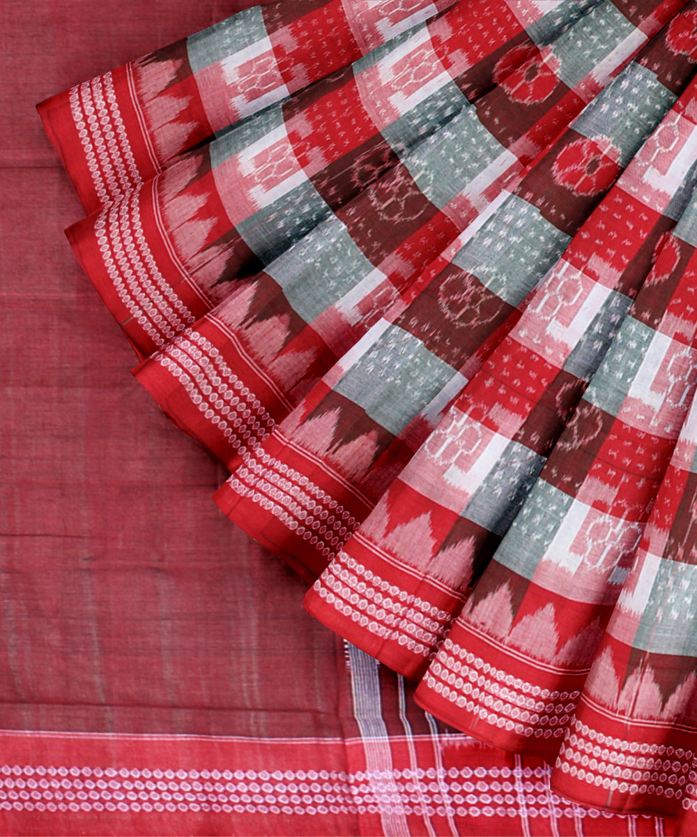 Red teal green cotton handwoven sambalpuri saree