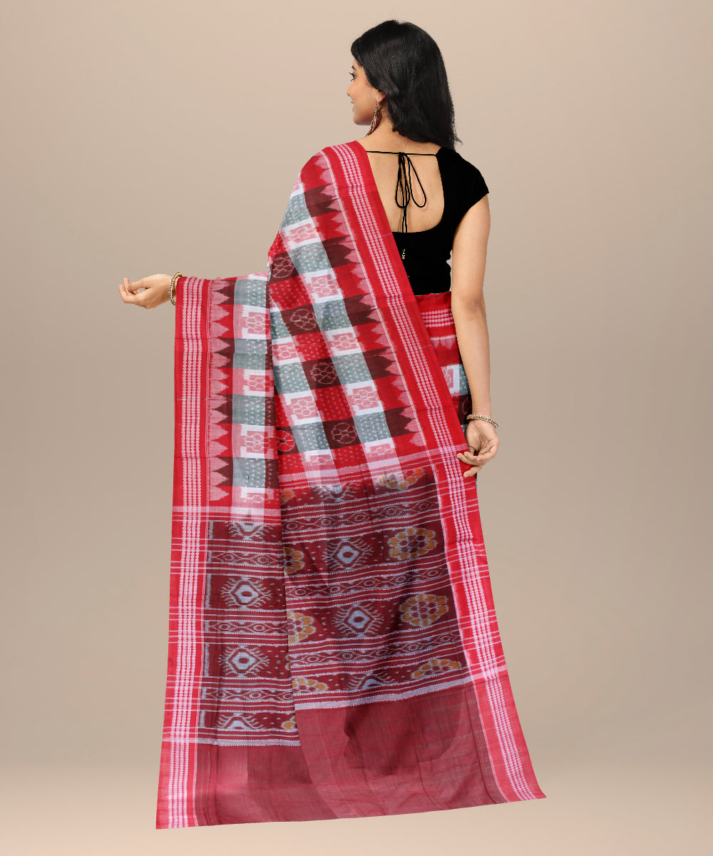 Red teal green cotton handwoven sambalpuri saree
