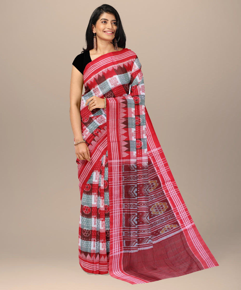 Red teal green cotton handwoven sambalpuri saree