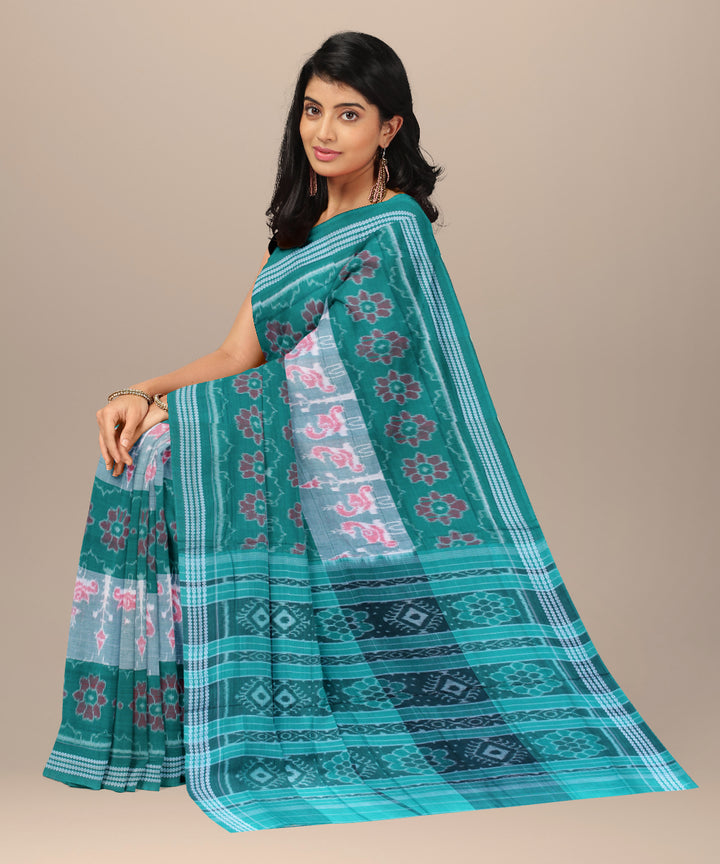 Turquoise green pink cotton handwoven sambalpuri saree