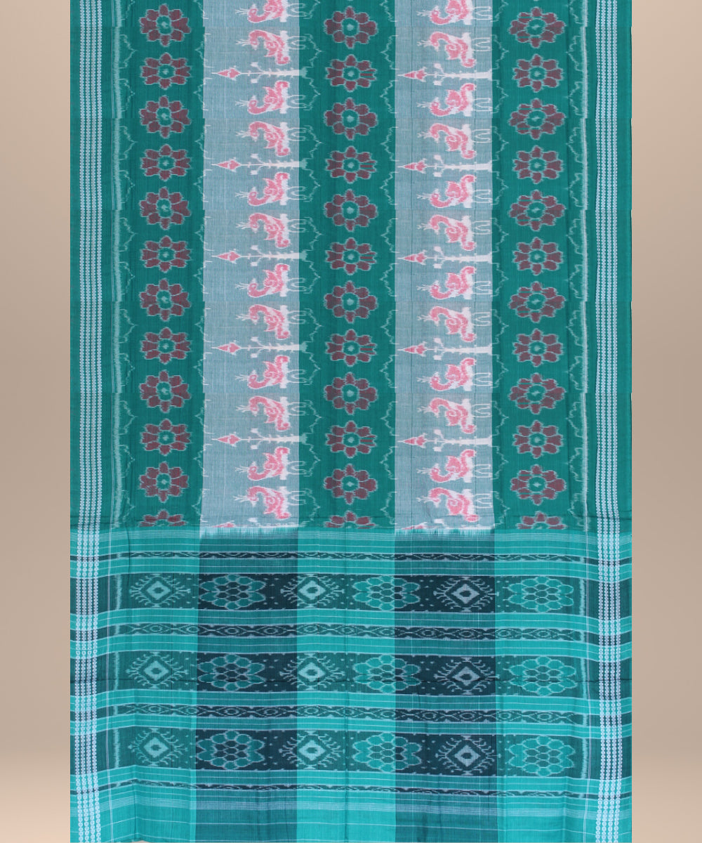 Turquoise green pink cotton handwoven sambalpuri saree