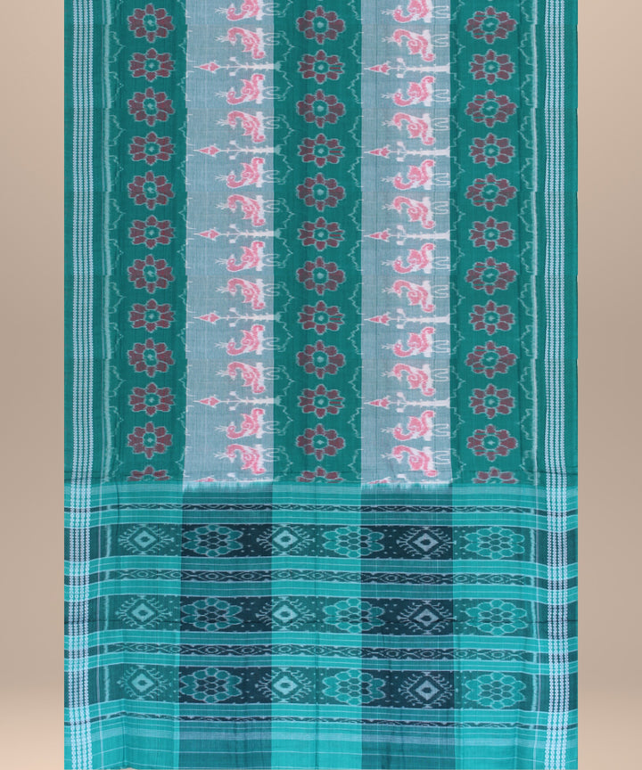 Turquoise green pink cotton handwoven sambalpuri saree