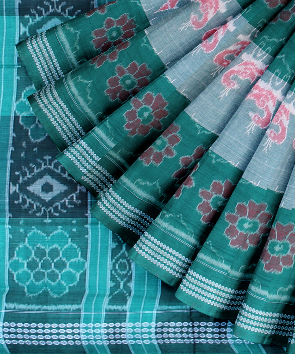 Turquoise green pink cotton handwoven sambalpuri saree