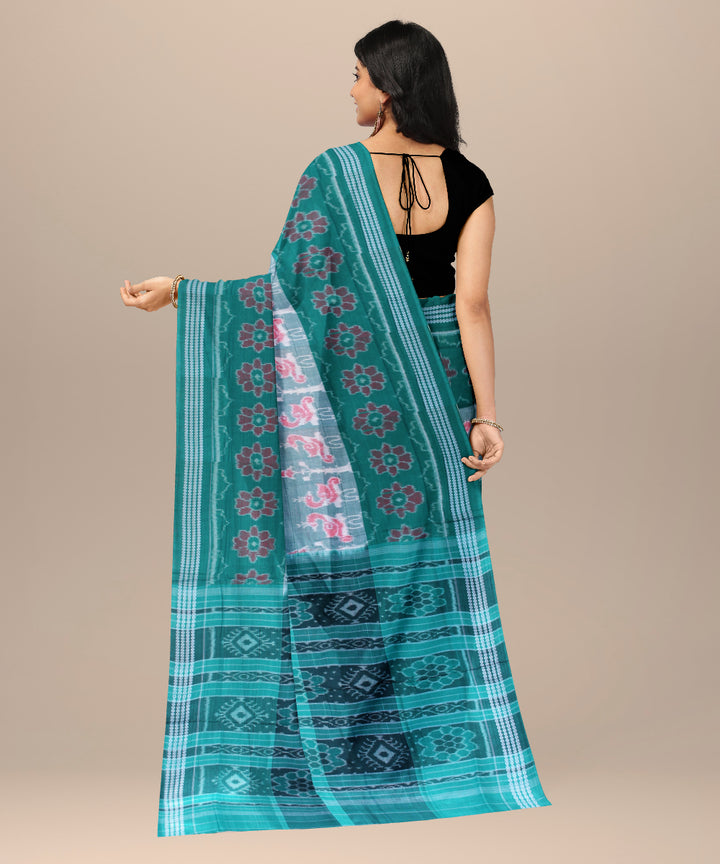 Turquoise green pink cotton handwoven sambalpuri saree