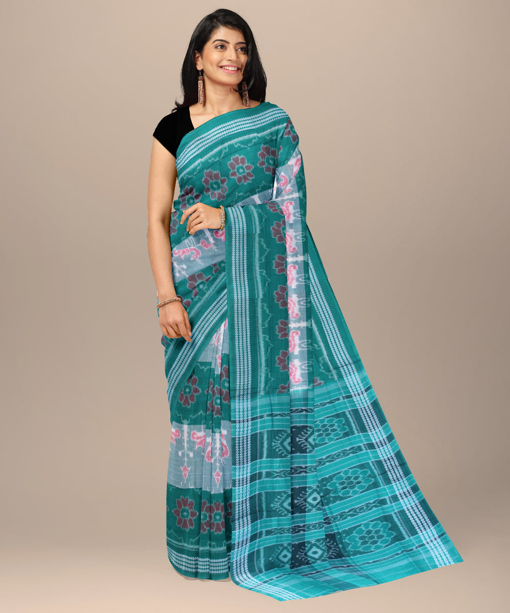 Turquoise green pink cotton handwoven sambalpuri saree