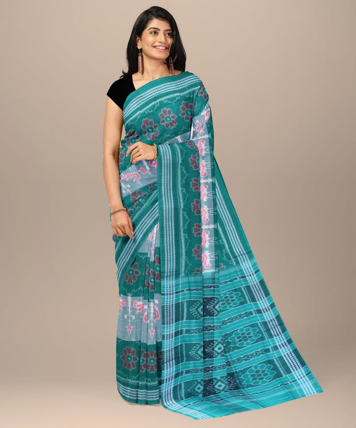 Turquoise green pink cotton handwoven sambalpuri saree