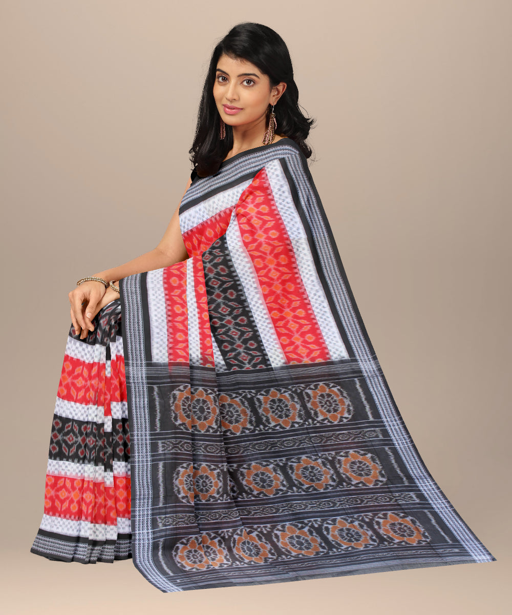 Red white black cotton handwoven sambalpuri saree