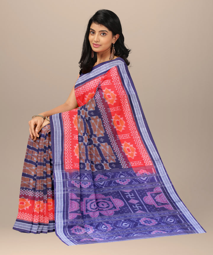 Navy blue red cotton handwoven sambalpuri saree