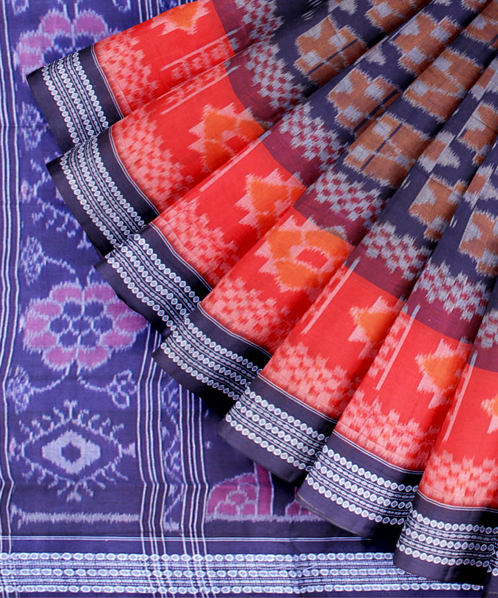 Navy blue red cotton handwoven sambalpuri saree