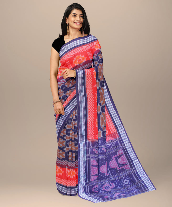 Navy blue red cotton handwoven sambalpuri saree