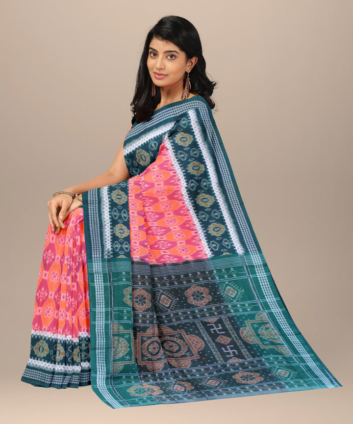 Pink peach dark green border cotton handwoven sambalpuri saree
