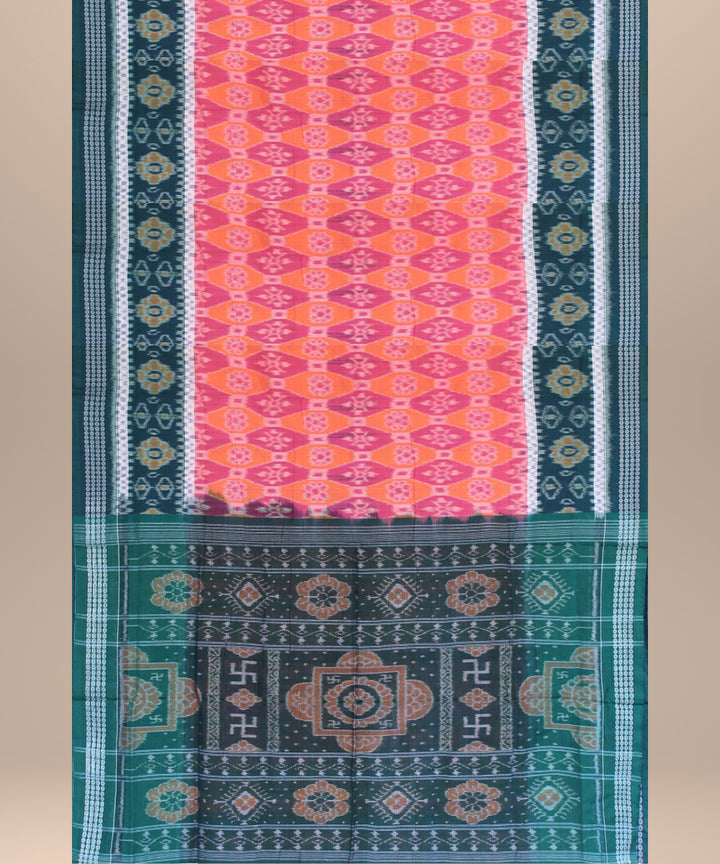 Pink peach dark green border cotton handwoven sambalpuri saree