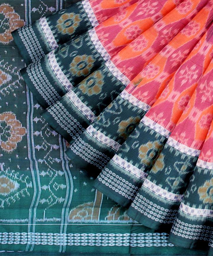 Pink peach dark green border cotton handwoven sambalpuri saree