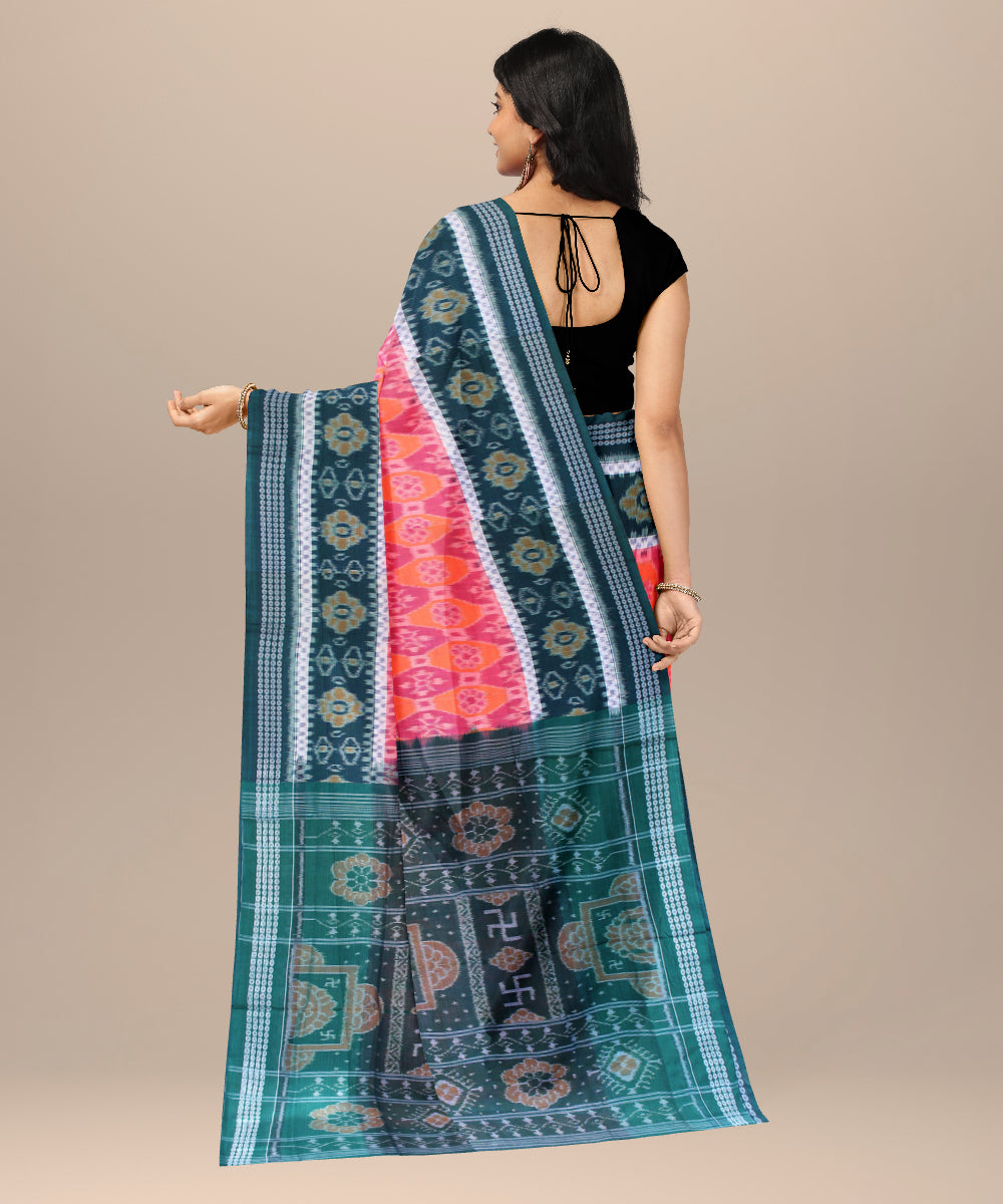 Pink peach dark green border cotton handwoven sambalpuri saree