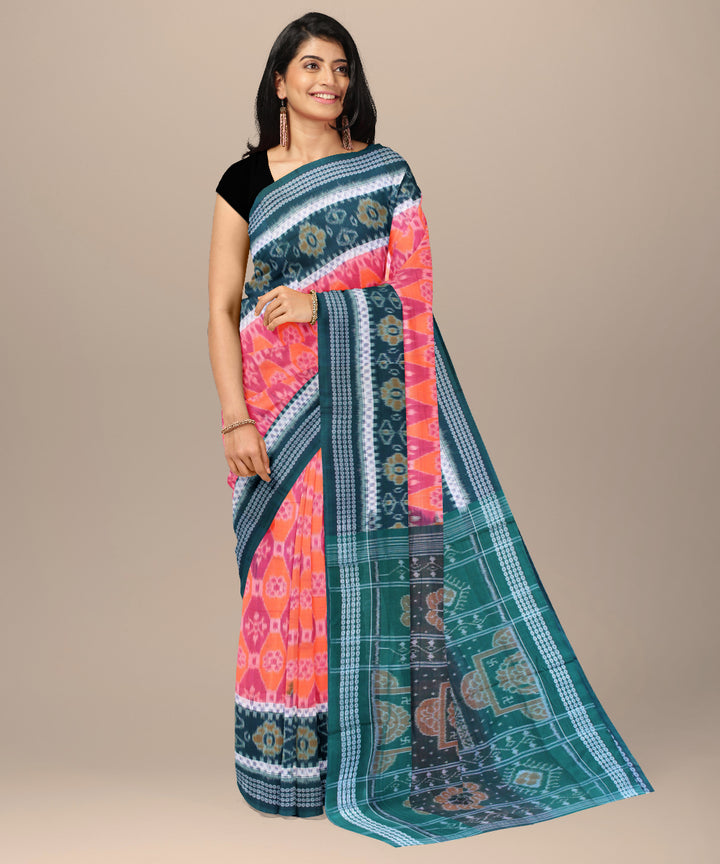 Pink peach dark green border cotton handwoven sambalpuri saree