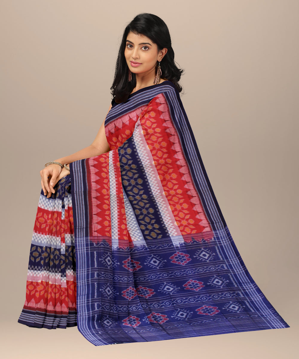 Navy blue with red white cotton handwoven sambalpuri saree