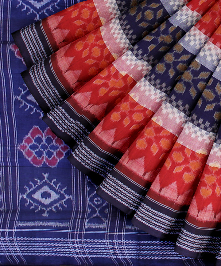 Navy blue with red white cotton handwoven sambalpuri saree