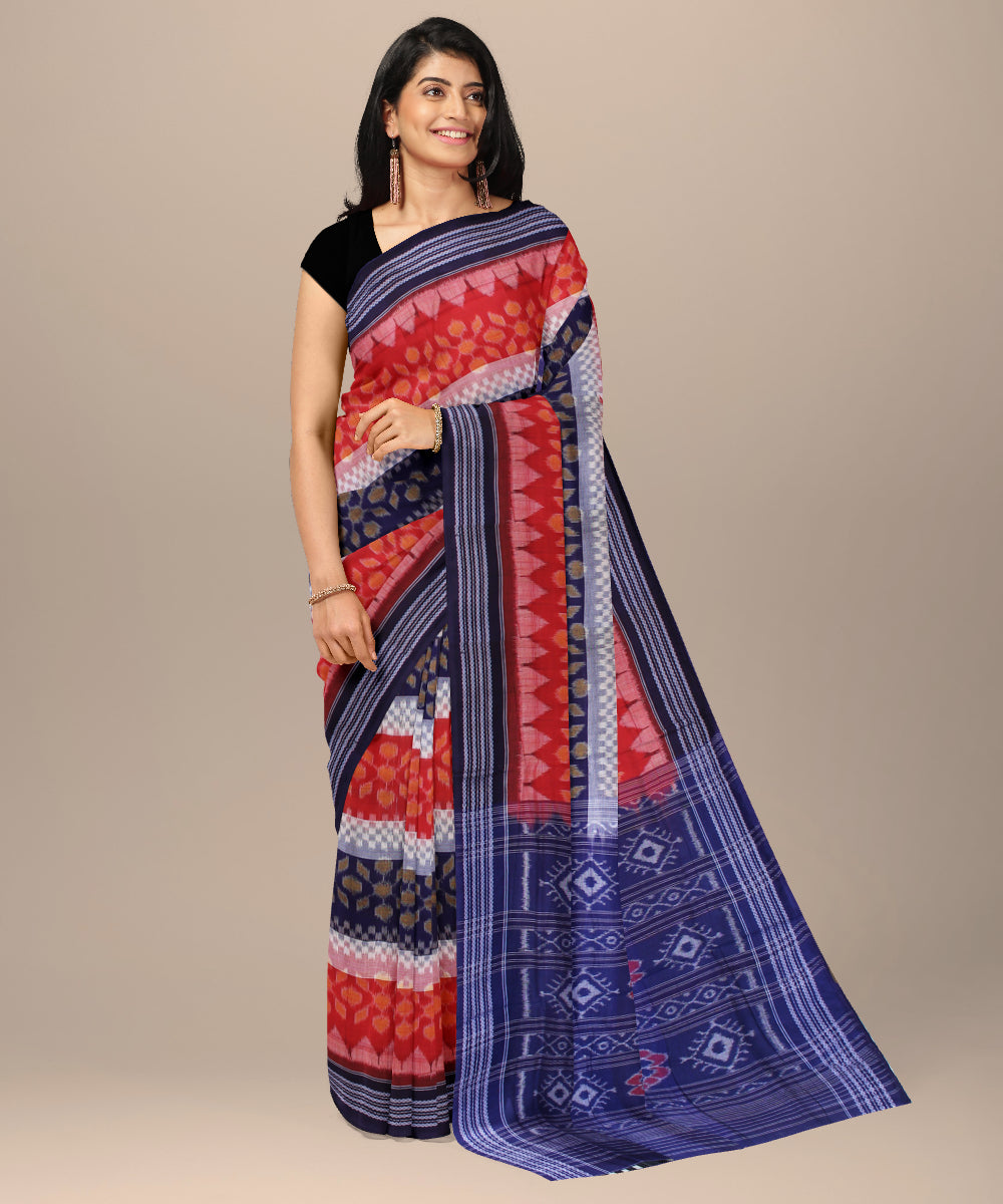 Navy blue with red white cotton handwoven sambalpuri saree
