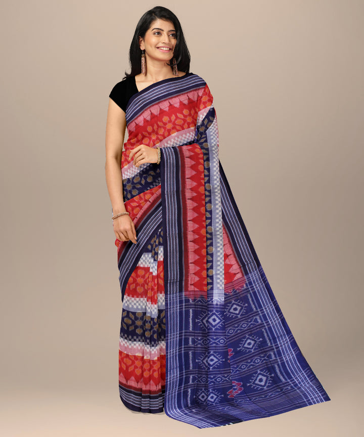 Navy blue with red white cotton handwoven sambalpuri saree