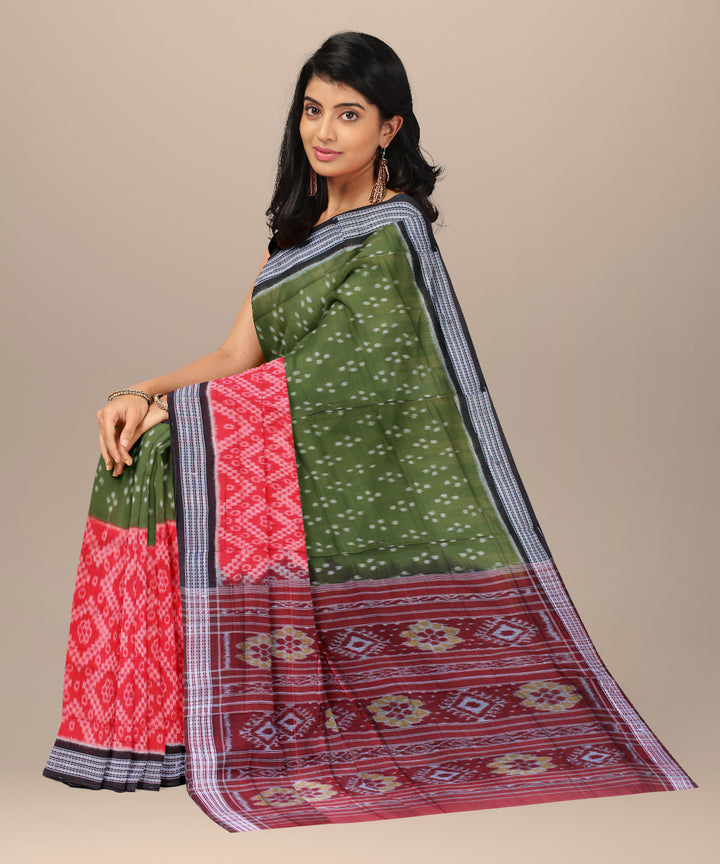 Red dark green handwoven sambalpuri cotton saree
