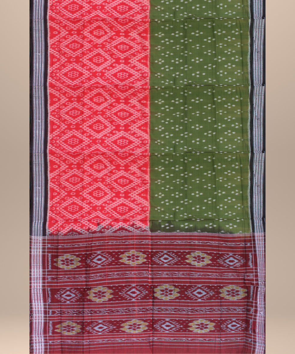 Red dark green handwoven sambalpuri cotton saree