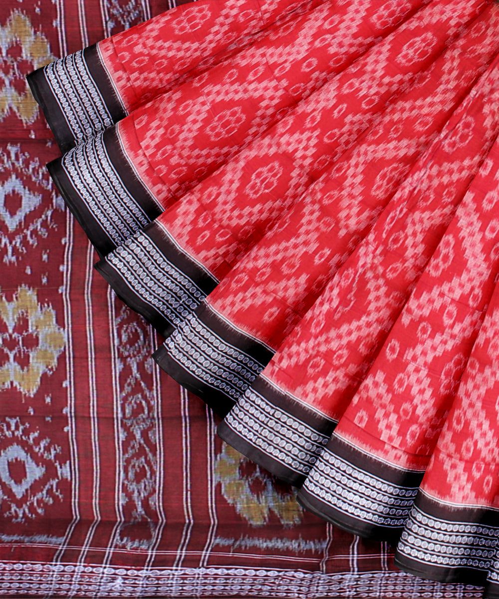 Red dark green handwoven sambalpuri cotton saree