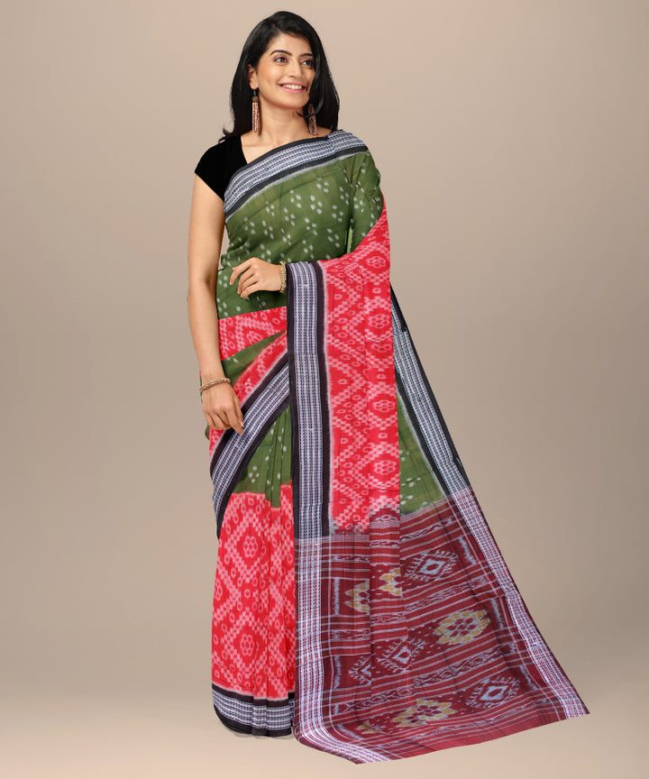 Red dark green handwoven sambalpuri cotton saree