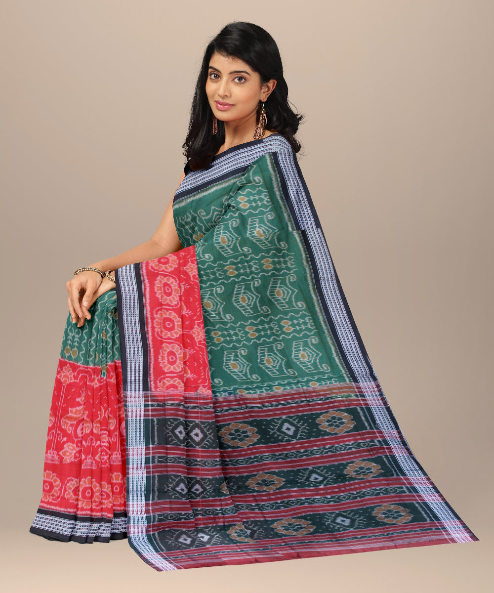 Red green cotton handwoven sambalpuri saree
