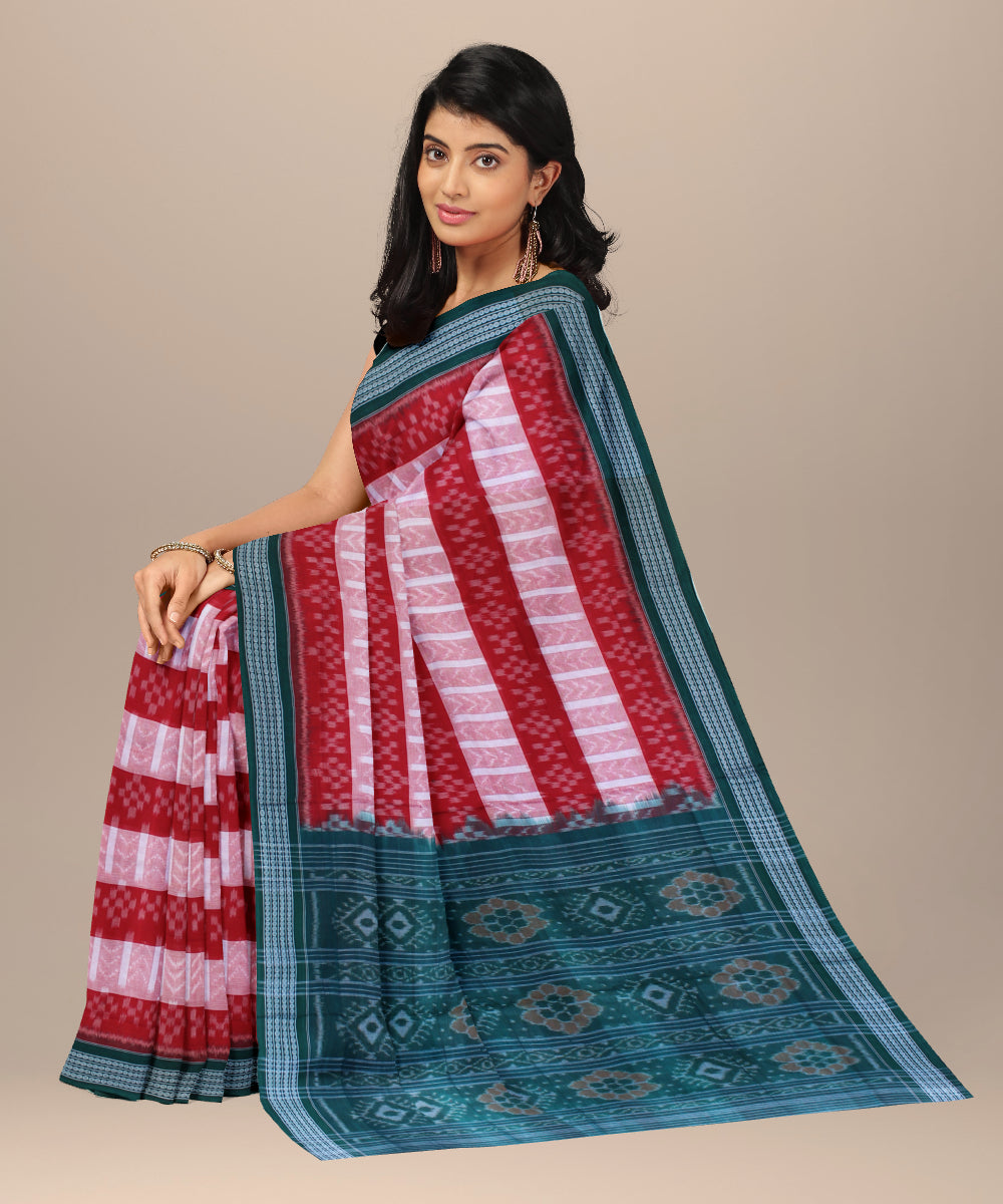 Red pink green border cotton handwoven sambalpuri saree